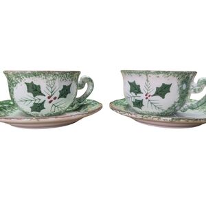 Festive Green White Holly Mistletoe Teacup Set Matching Cups Saucers Coffee Tea